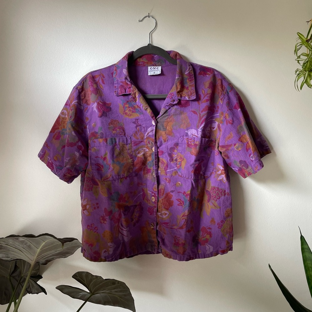 Vintage 90s Color Me Cotton purple floral button up collared shirt, size medium